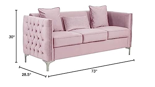 Lilola Home Bayberry Pink Velvet Sofa with 3 Pillows
