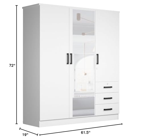 Violet Wardrobe Mirrored Door Closet 3 Doors and 3 Drawers (White)