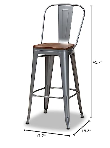 Baxton Studio Rosetta Modern Industrial Grey Metal and Walnut Brown Finished Wood 4-Piece Bar Stool Set