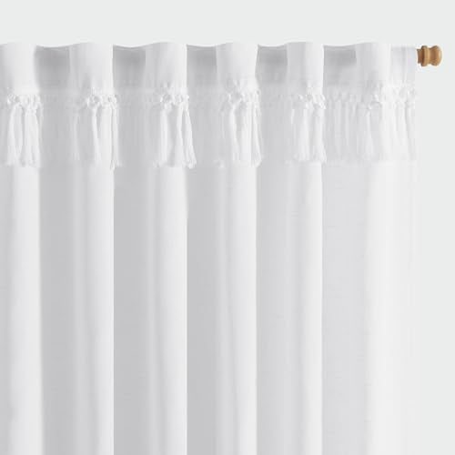 Jinchan Linen Blend Curtains With Tassels, Off White Curtains For Living Room 90 Inches Long, Boho Curtains, Rod Pocket Back Tab Linen Farmhouse Curtains Light Filtering Window Curtain Set 2 Panels