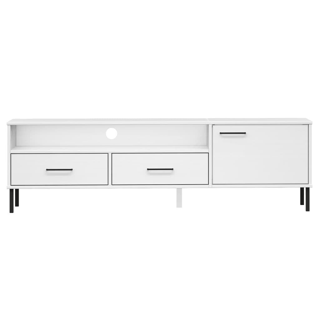 vidaXL Solid Pine Wood TV Stand with Metal Legs - White - Oslo Range - 4 Compartment Storage - Decorative Display Space