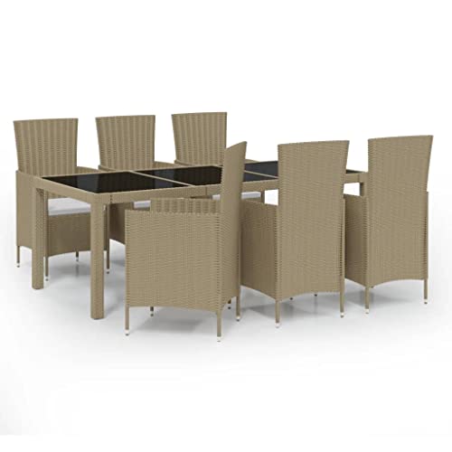 vidaXL 7 Piece Outdoor Dining Set - Stylish Patio Furniture with Powder Coated Steel Frame, Cream White Cushions, PE Rattan, Beige and Black - Easy Assembly, Great for Garden, Patio, Outdoor Living