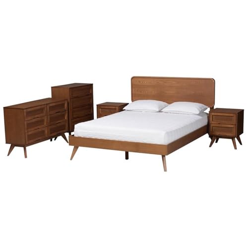 Baxton Studio Demeter Mid-Century Modern Walnut Brown Finished Wood Queen Size 5-Piece Bedroom Set