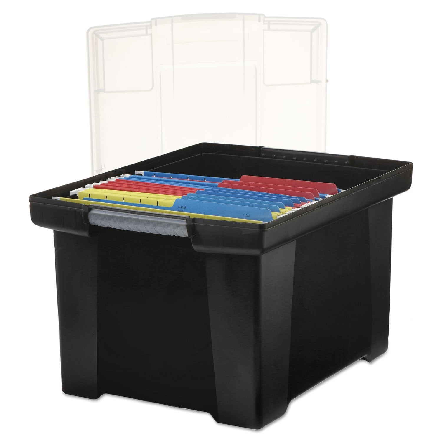 Storex Plastic File Tote Storage Box With Snap-On Lid, Letter/Legal Size, Black/Silver (61528U01C)