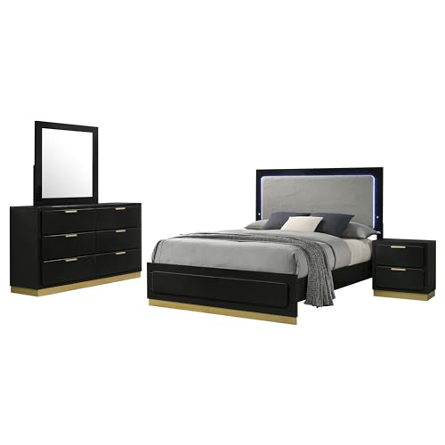 Coaster Home Furnishings Caraway Contemporary 4-Piece Bedroom Set Upholstered Queen Size LED Panel Bed Frame 55-inch Headboard Black 224781Q-S4