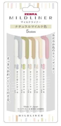 Zebra Line Marker, Thick & Fine Water Based Pigment, Mildliner, Natural Mild Colors, 5 Colors Wkt7-5C-Ntc