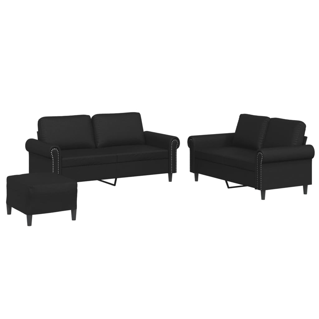 vidaXL 3-Piece Black Faux Leather Sofa Set with Cushions - Modern Stylish Living Room Furniture Includes Versatile Footstool and Comfortable 2-Seater Sofas
