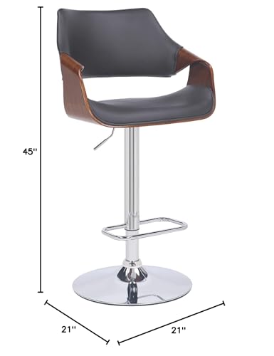 HomeRoots Gray Wood, Metal, Foam Faux Leather Grey Faux Leather and Walnut Wood and Chrome Swivel Adjustable Bar Stool