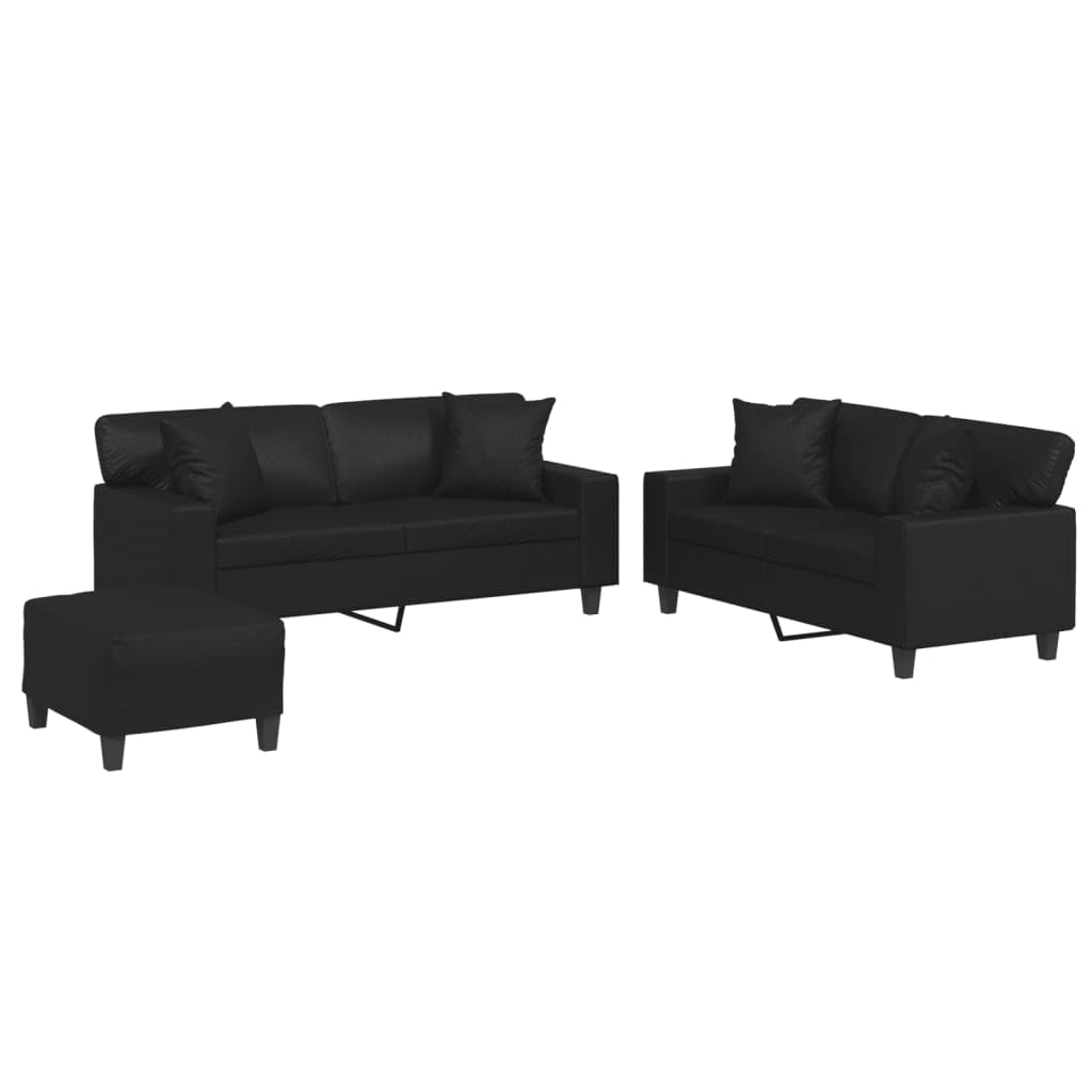 vidaXL 3-Piece Faux Leather Sofa Set with Pillows and Footstool - Luxurious and Comfortable Seating Solution for Living Room and Lounge - Black