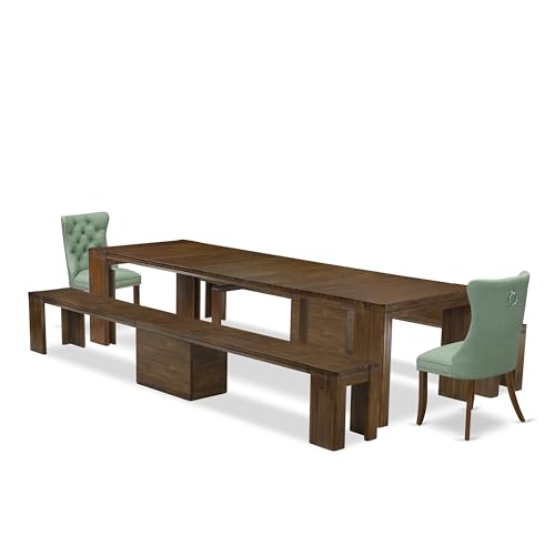 Luxe by East West Furniture X02DA-208-22-5 Pieces Extendable Dining Set Includes a Rectangle Xtenczar Dinner Table, 2 Willow Green Polyester Fabric Dining Chairs and 2 Modern Benches, Antique Walnut
