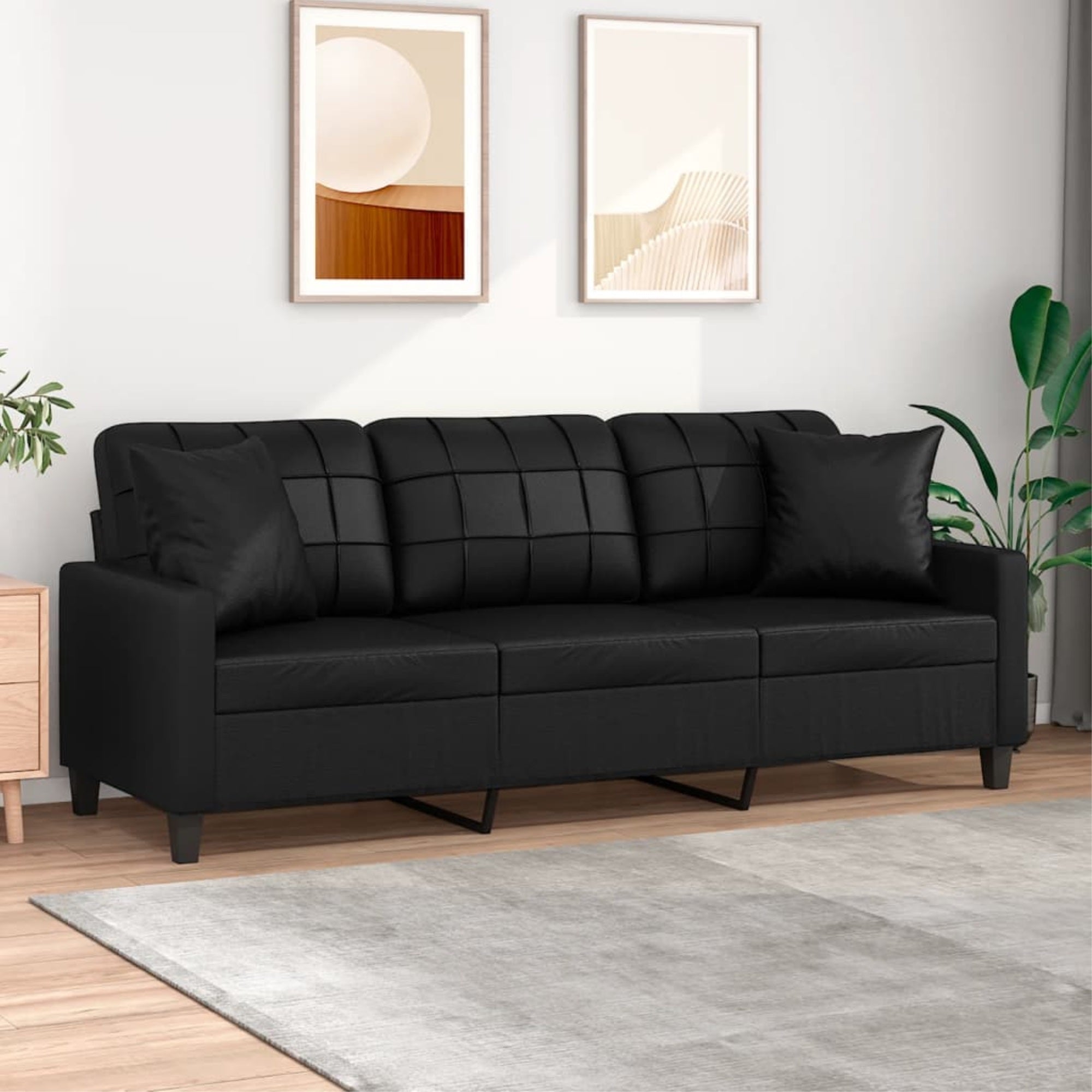 vidaXL 3-Seater Sofa with Throw Pillows Black 70.9'' Faux Leather