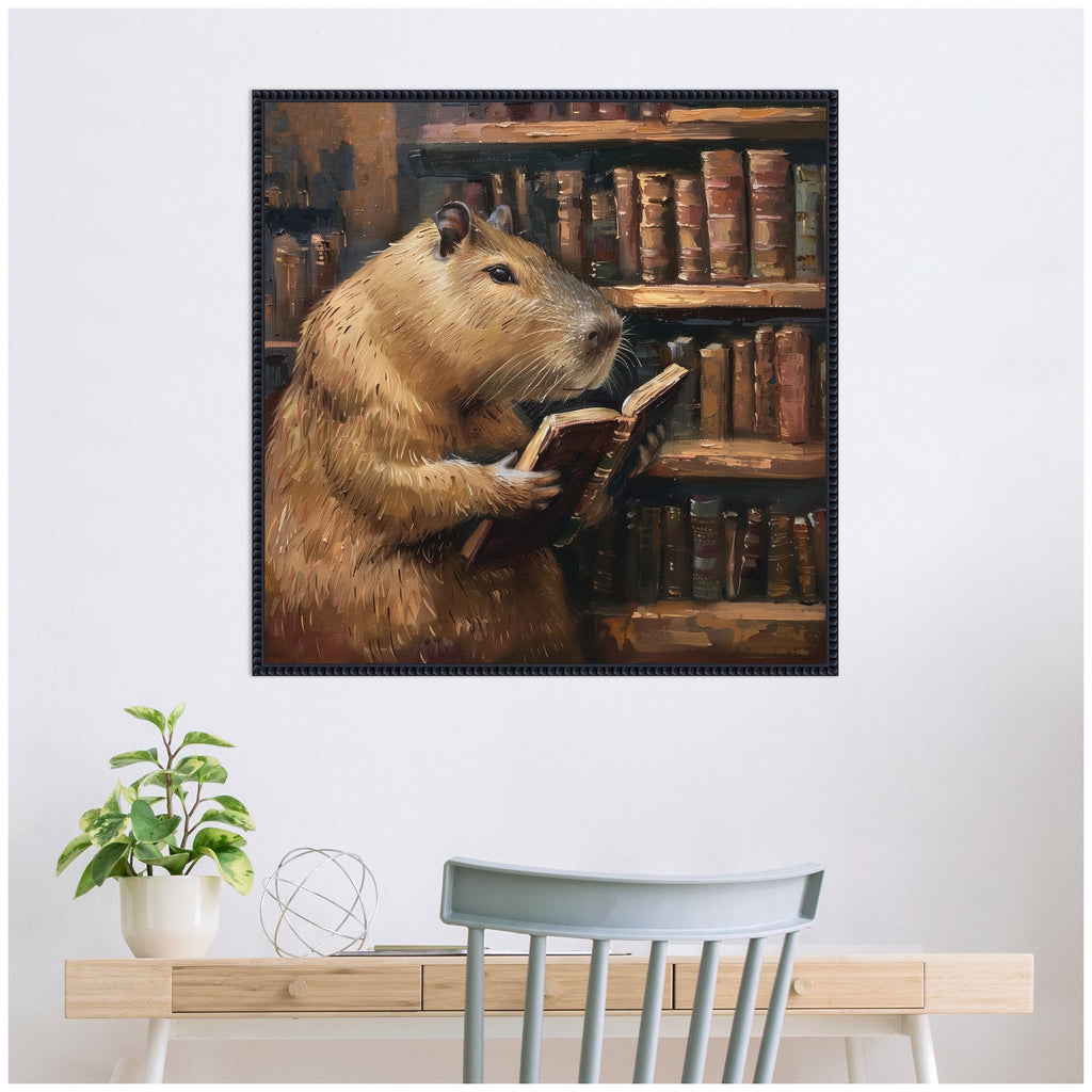 Sylvie Colorful Traditional Capybara Reading in Library Framed Canvas by The Creative Bunch Studio