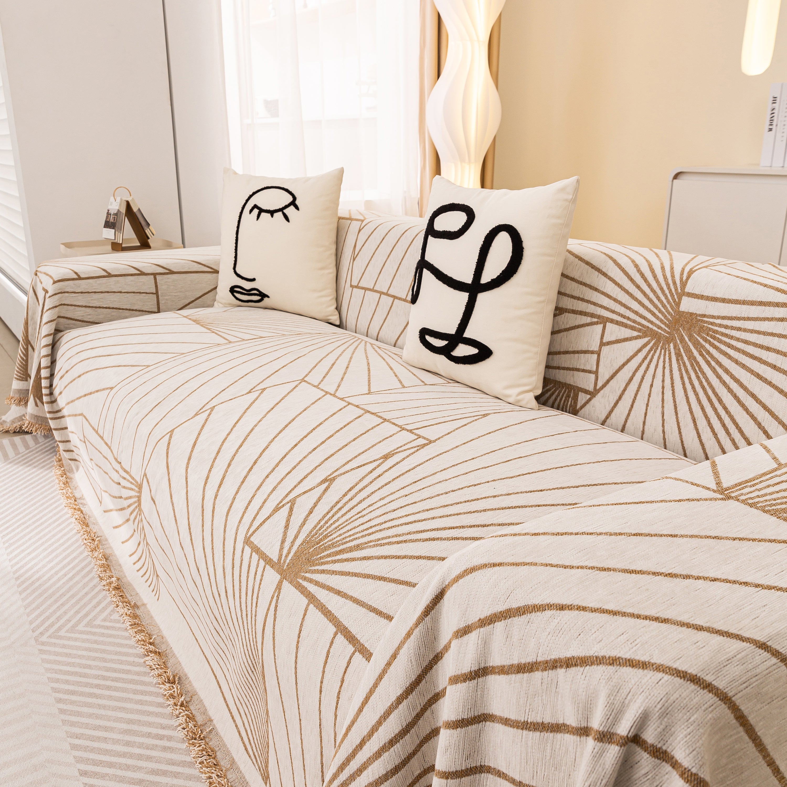 Modern Minimalist Chenille Line Pattern Sofa Cover, Dust and Scratch Resistant Throw Blankets for Couch