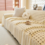 Grid Textured Sofa Cover with Sheer Ruffle Skirt, Pet-Friendly Sofa Throw Slipcover