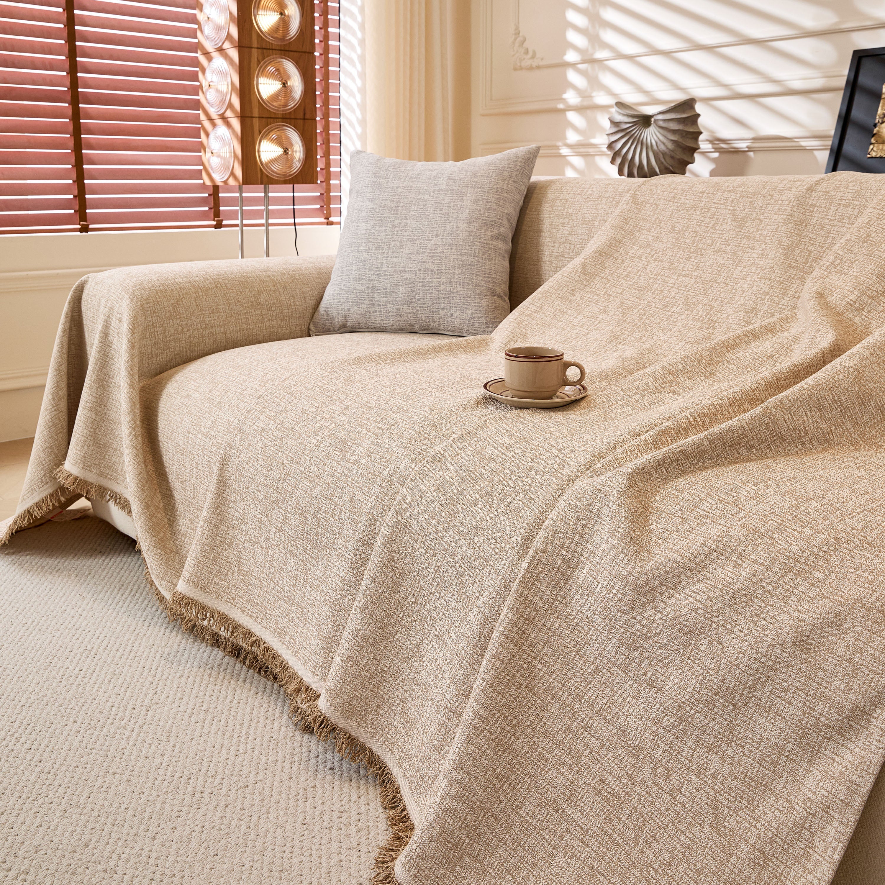 Linen-Look Textured Couch Throw Cover, Breathable Sofa Blanket & Furniture Protector