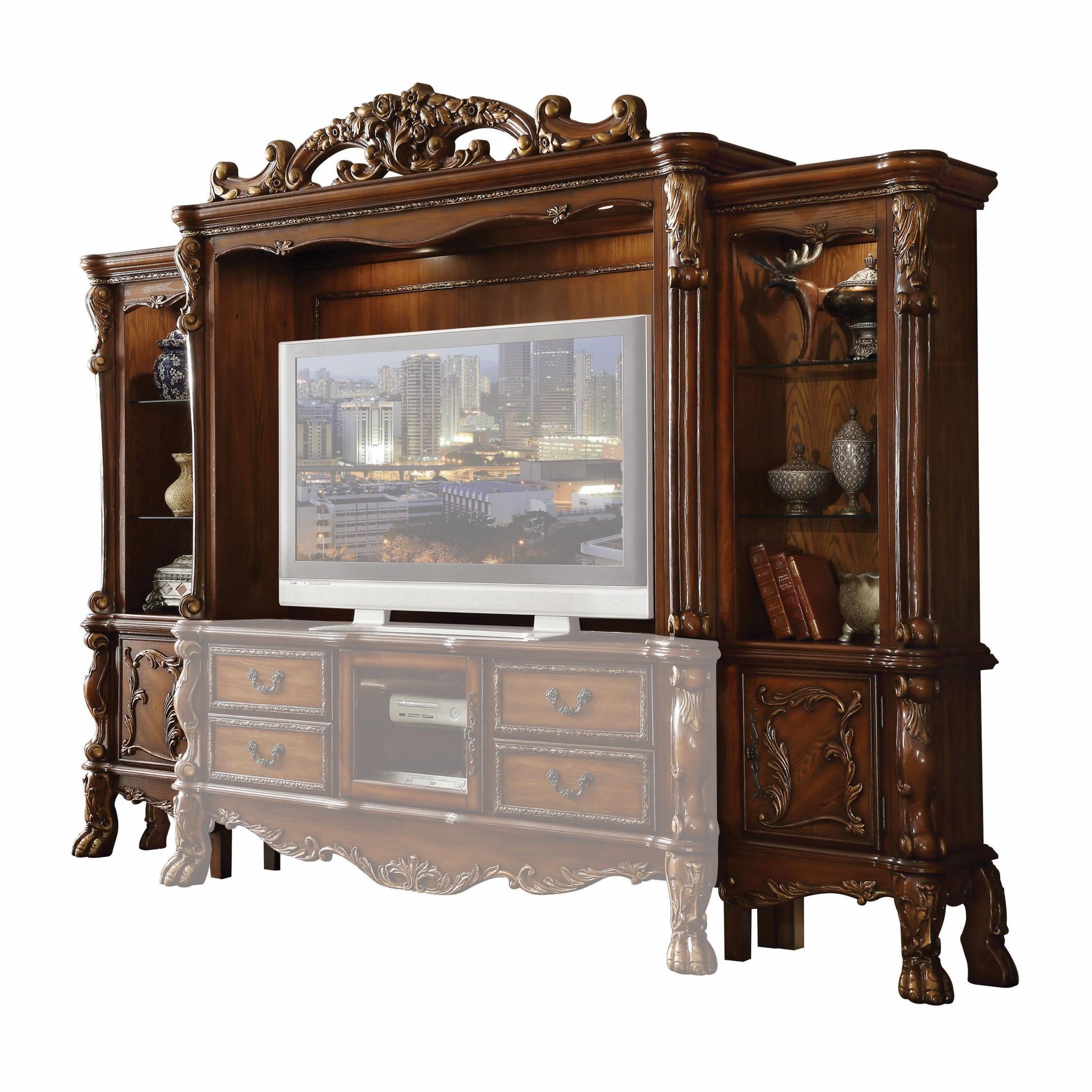 19 X 121 X 90 Cherry Oak Wood Poly Resin Glass Entertainment Center