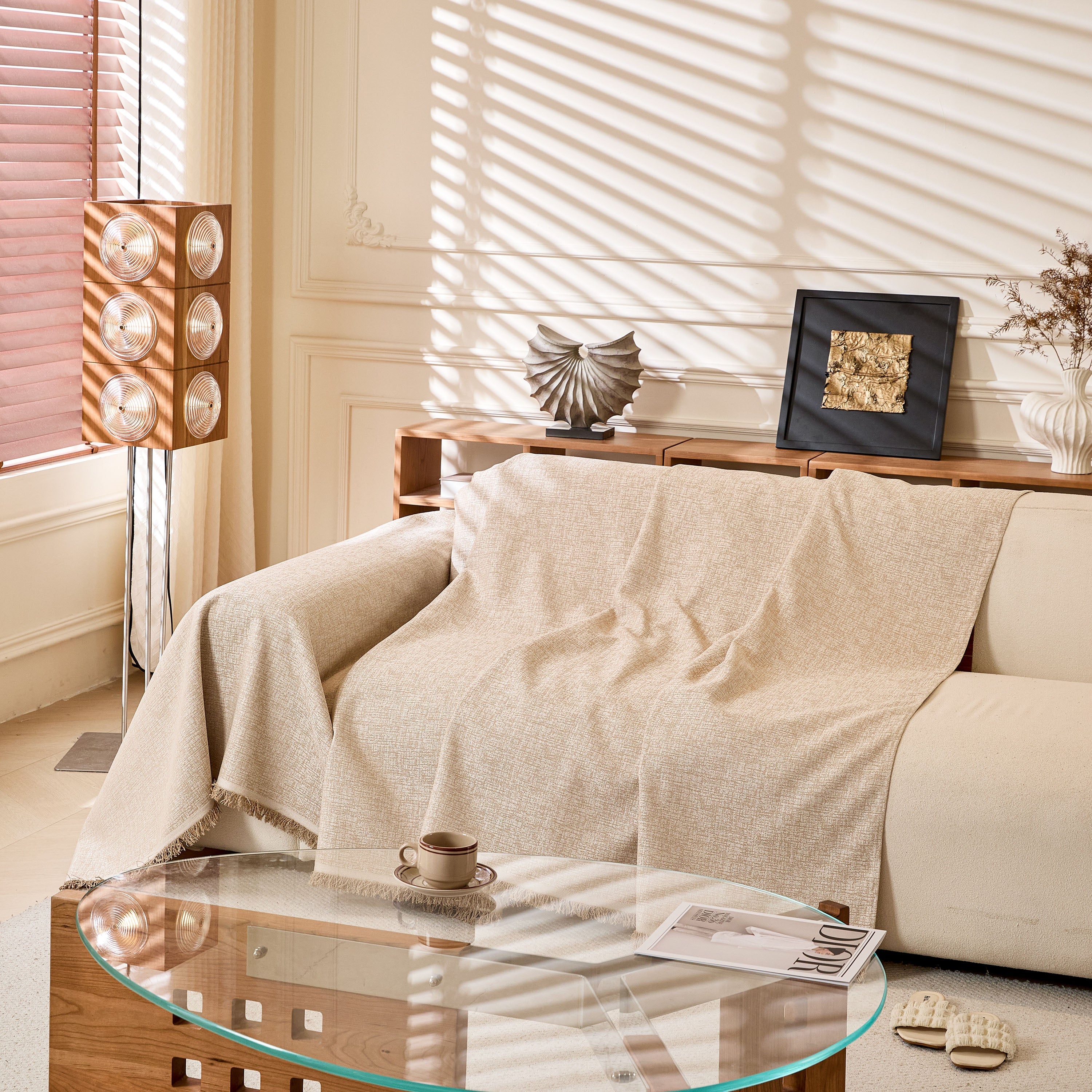 Linen-Look Textured Couch Throw Cover, Breathable Sofa Blanket & Furniture Protector