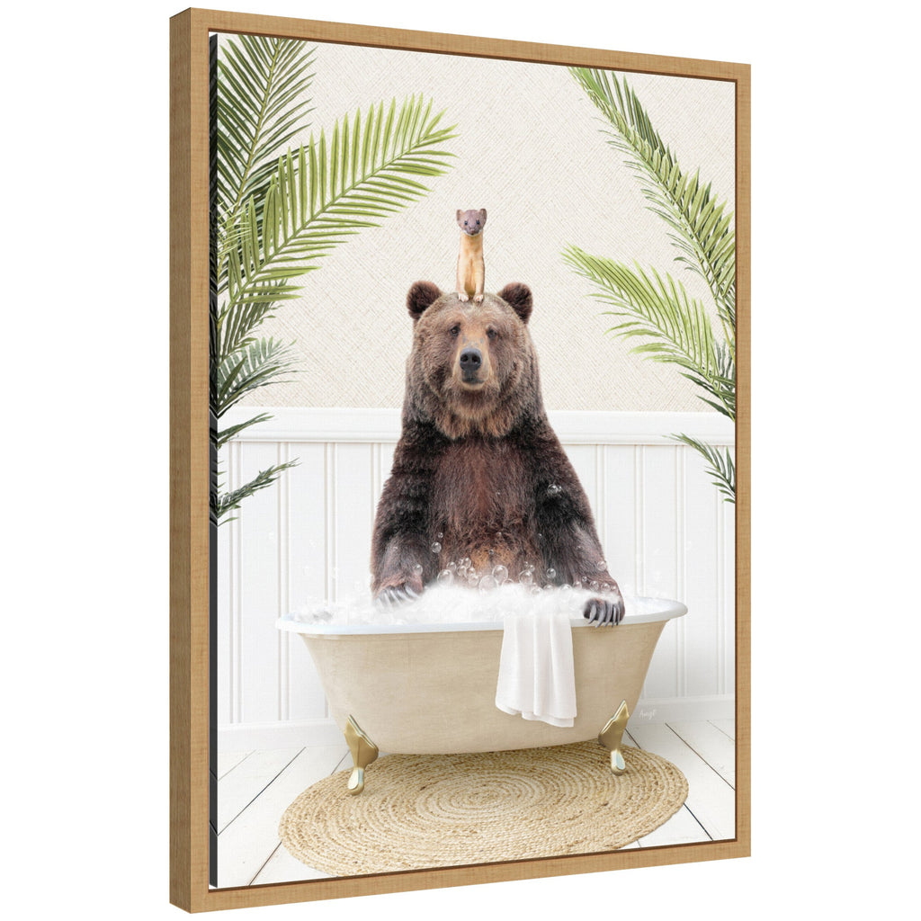 Sylvie Bear and Weasel in Palms Bathtub Framed Canvas by Amy Peterson