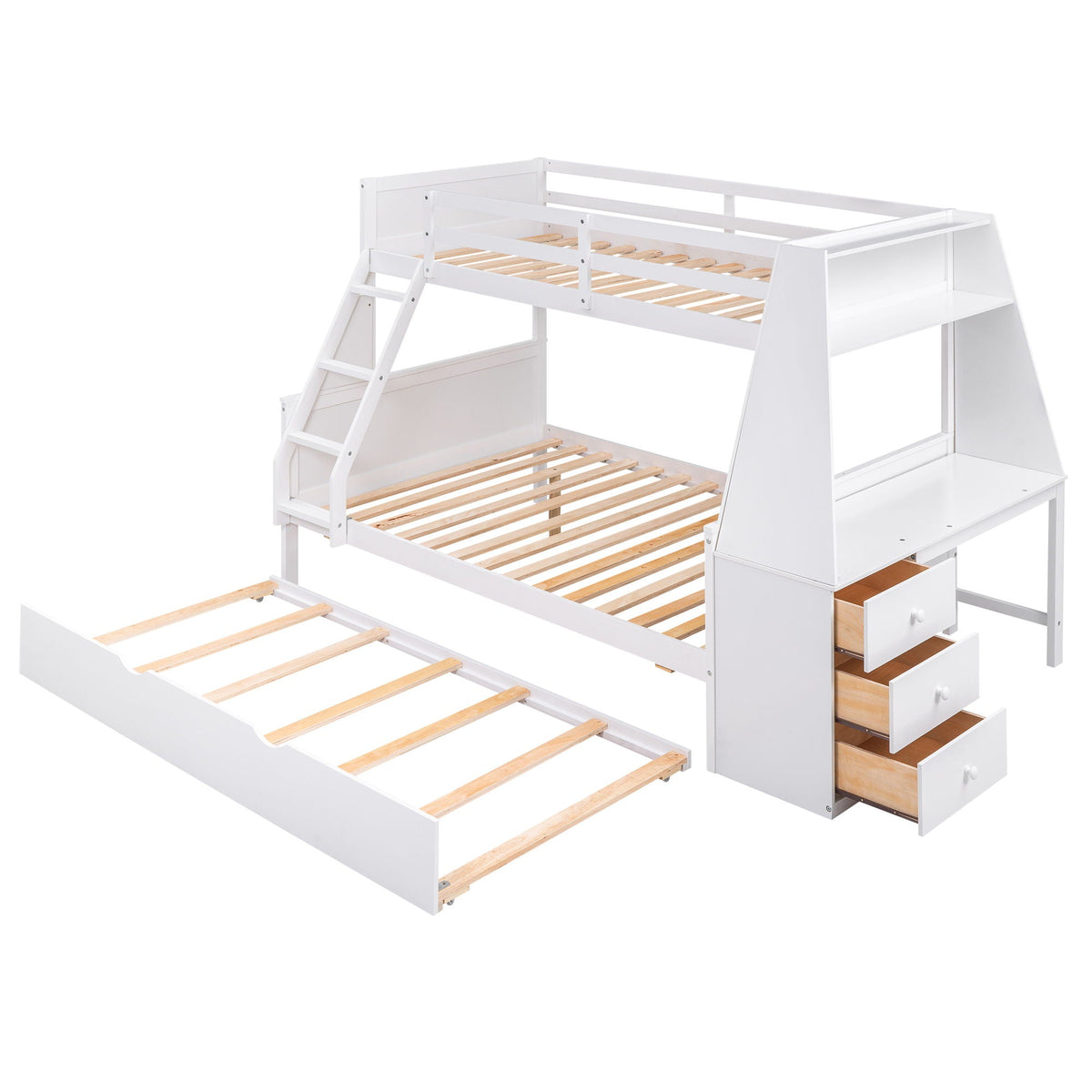 Bunk Bed With Trundle And Built In Desk, 3 Storage Drawers And Shelf