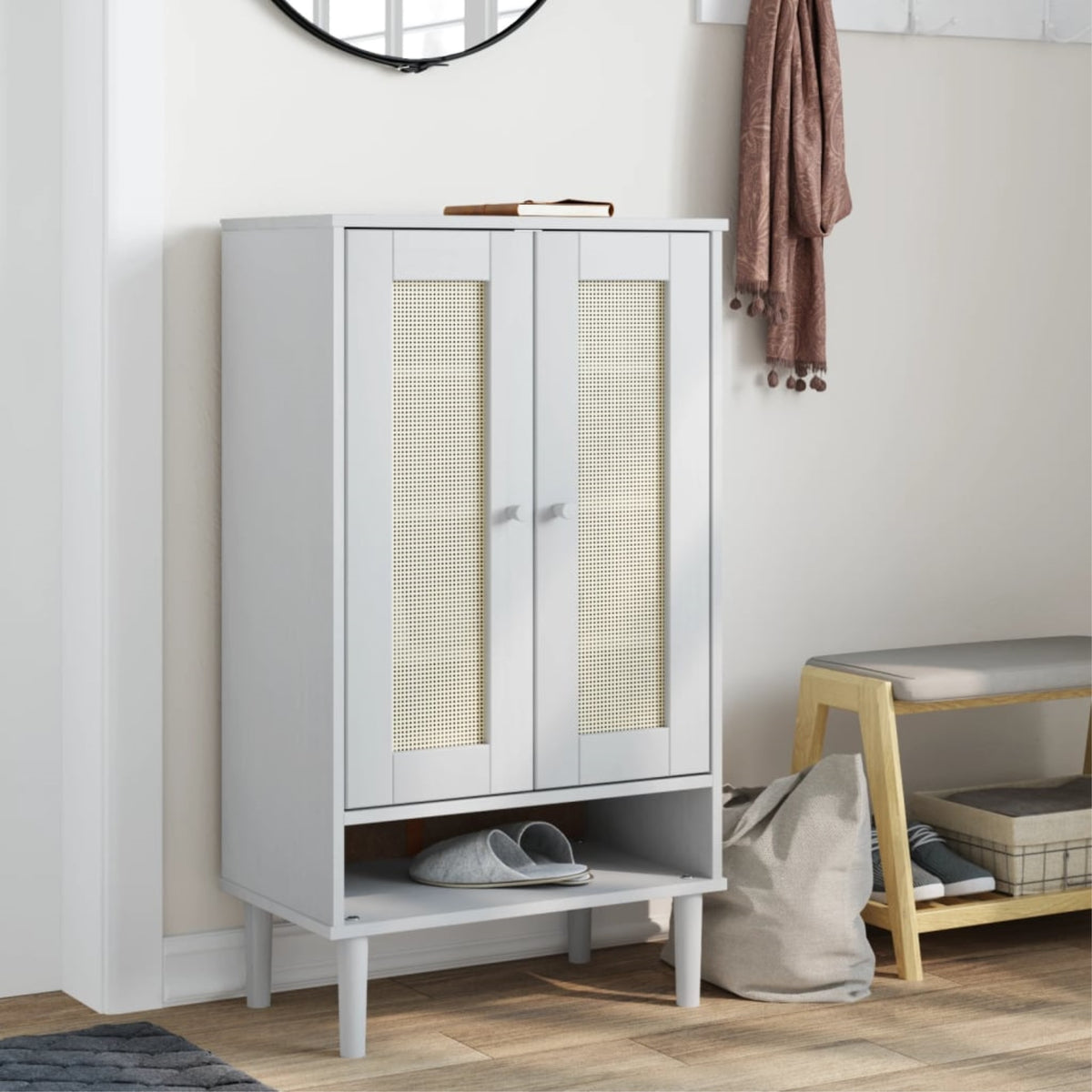 vidaXL Shoe Cabinet SENJA Rattan Look White 23.4''x13.8''x42.1'' Solid Wood