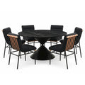 7Pc Round Ebony Black Pedestal Dining Set with Table and Boucle Fabric Chairs