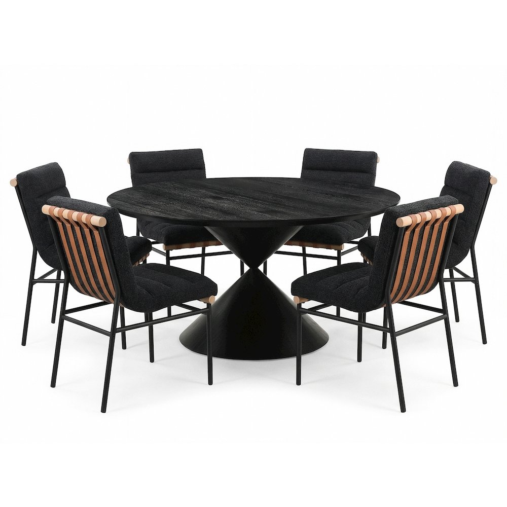 7Pc Round Ebony Black Pedestal Dining Set with Table and Boucle Fabric Chairs