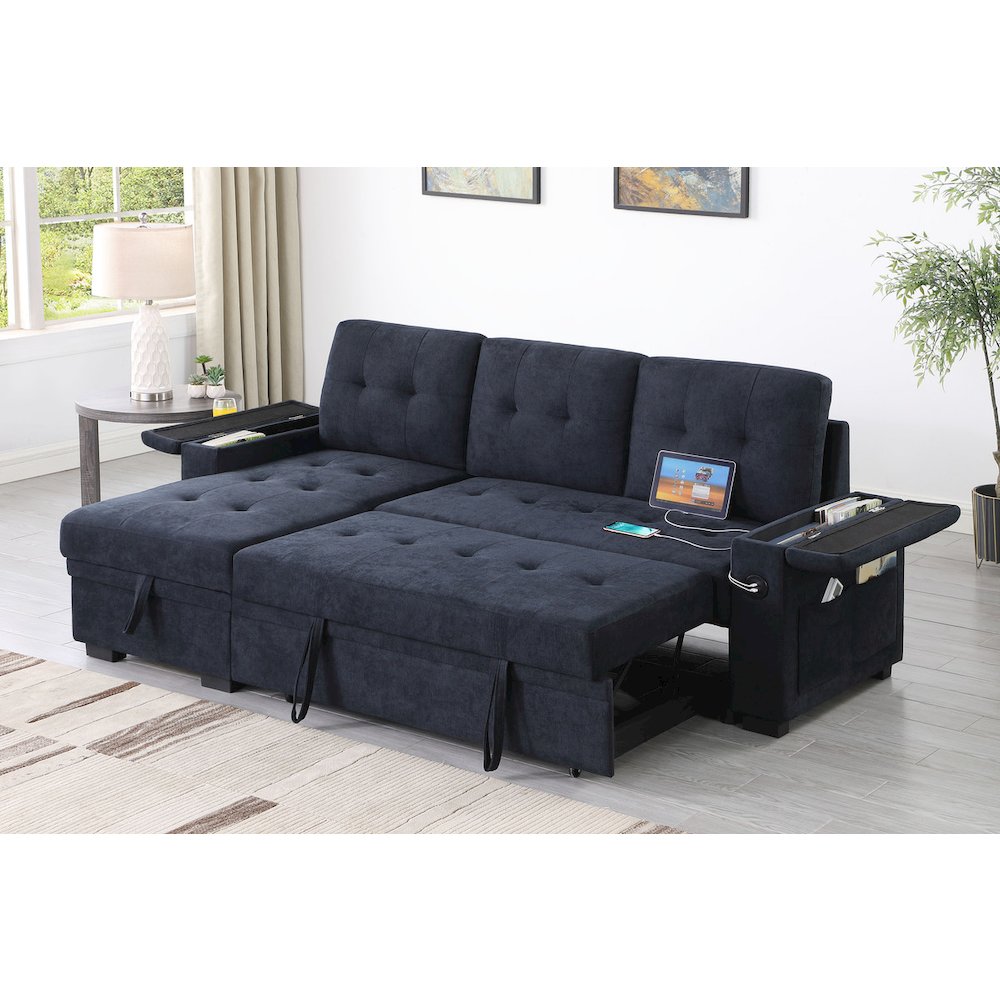 84 InchW Charcoal Woven Fabric Reversible Sleeper Sectional Sofa with Storage Chaise