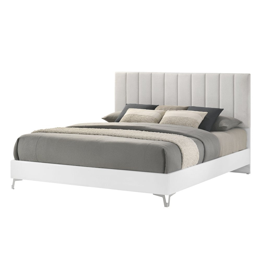 83 Inch Eastern King Bed Frame, White Frame with Beige Padded Headboard
