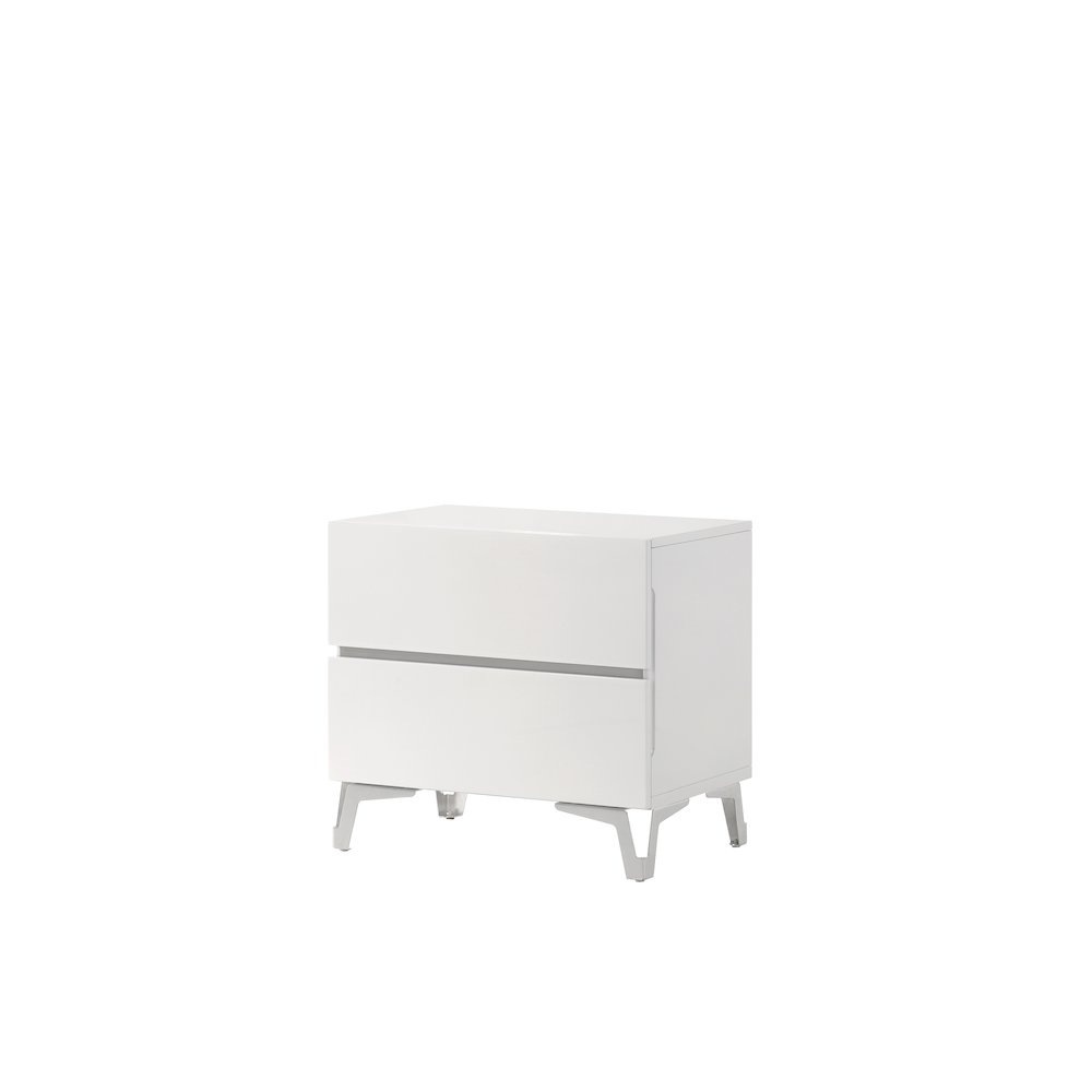 24 Inch Wide 2Drawer Nightstand, White Gloss Finish, Silver Accent Trim