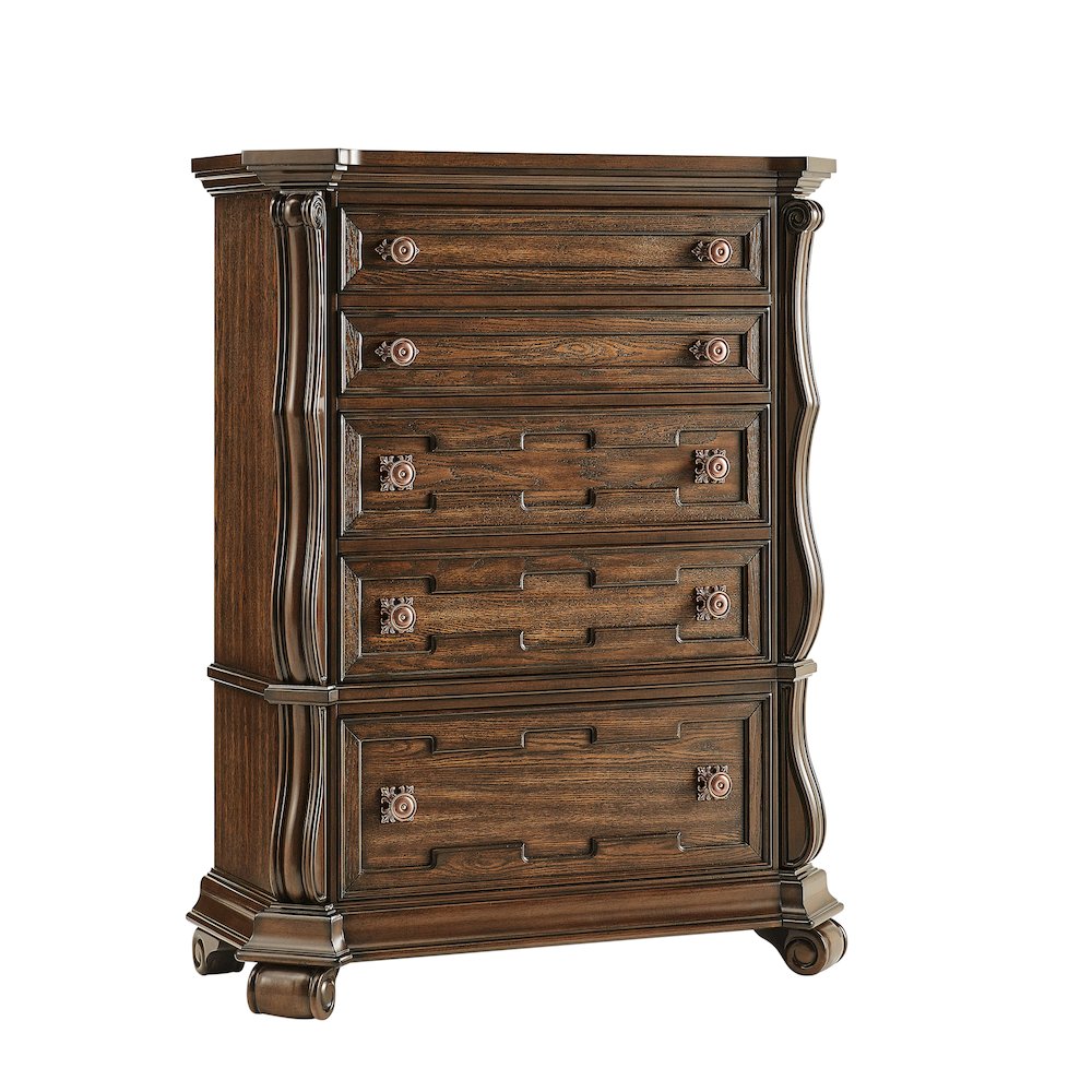 Belvedere 54 Inch Traditional 5Drawer Tallboy Chest, Carved Wood  Dark Cherry