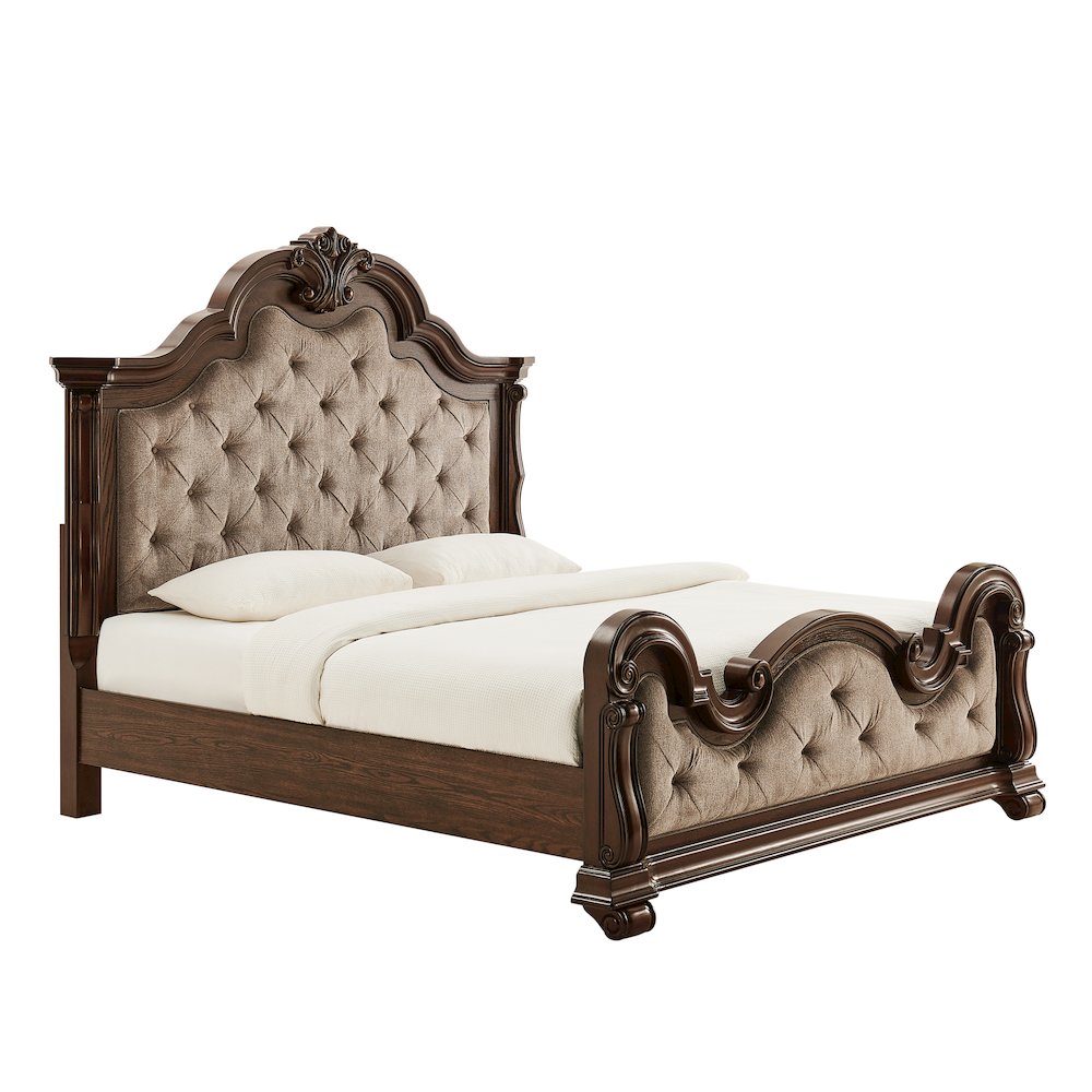 Belvedere Queen Platform Bed Frame, Tufted Fabric Headboard  Dark Cherry Finish
