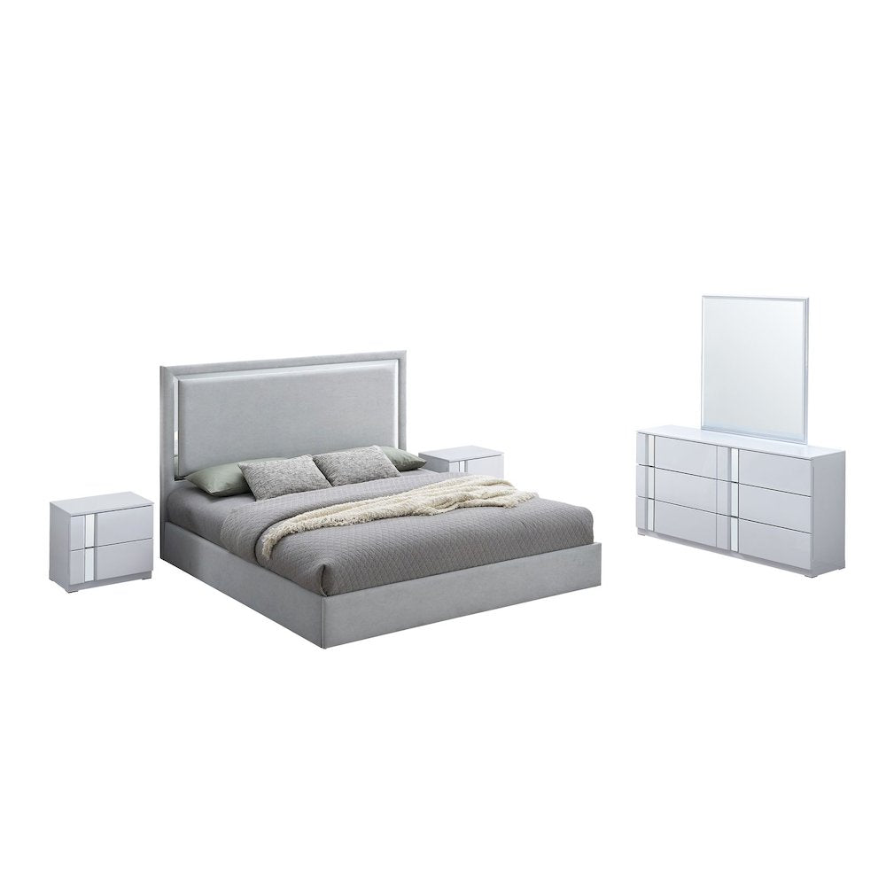 5Piece Modern Mirrored Bedroom Set, Queen, Gray Cloud