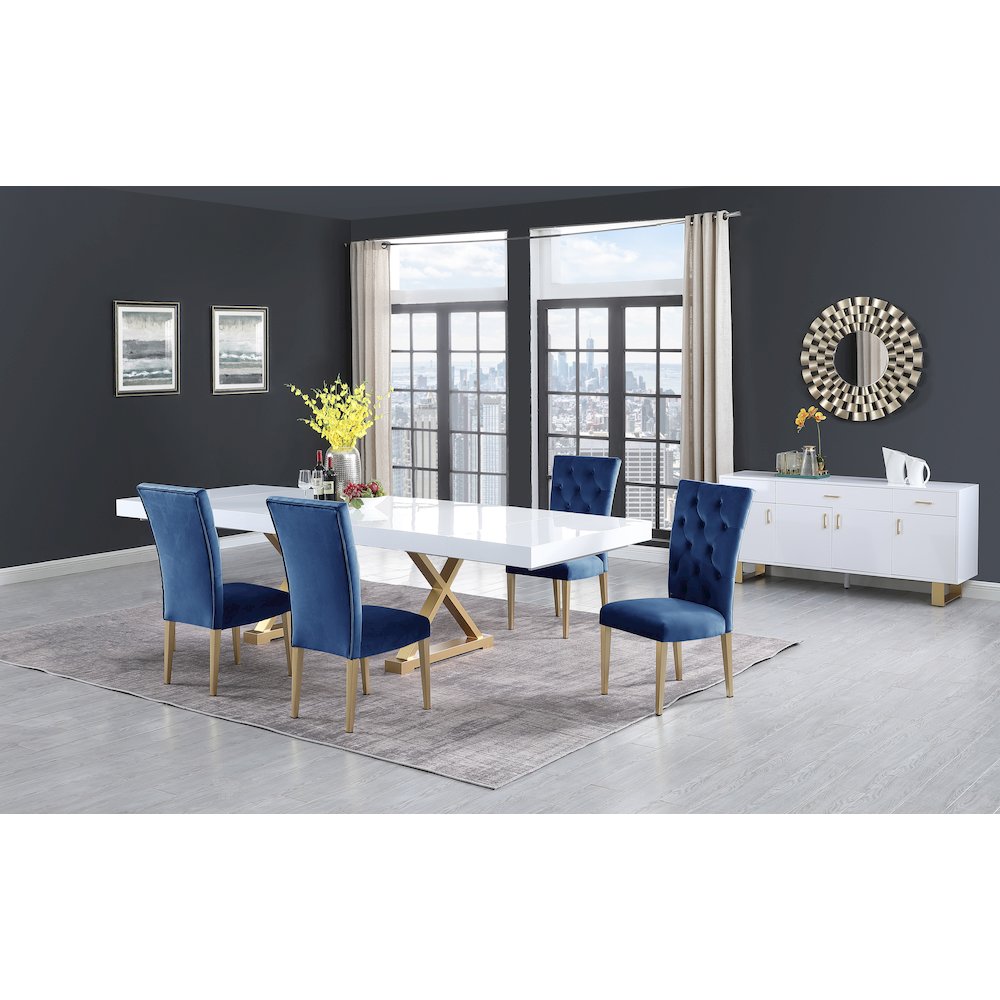 Tyrion 5Pc Dining Set, Extendable Lacquer Table & 4 Velvet Chairs  Blue/Gold