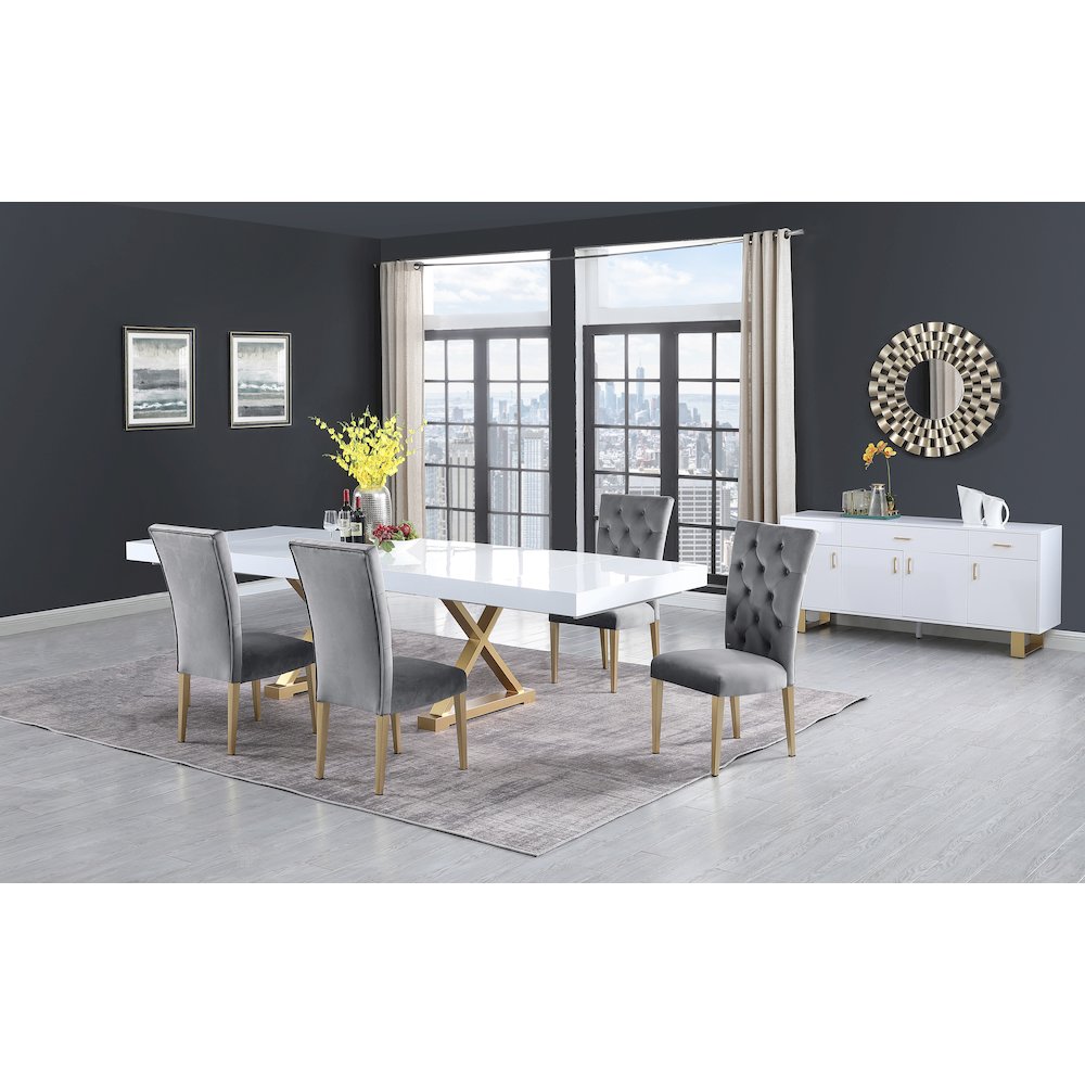 Tyrion 5Pc Dining Set, Extendable Lacquer Table & 4 Velvet Chairs  Gray/Gold