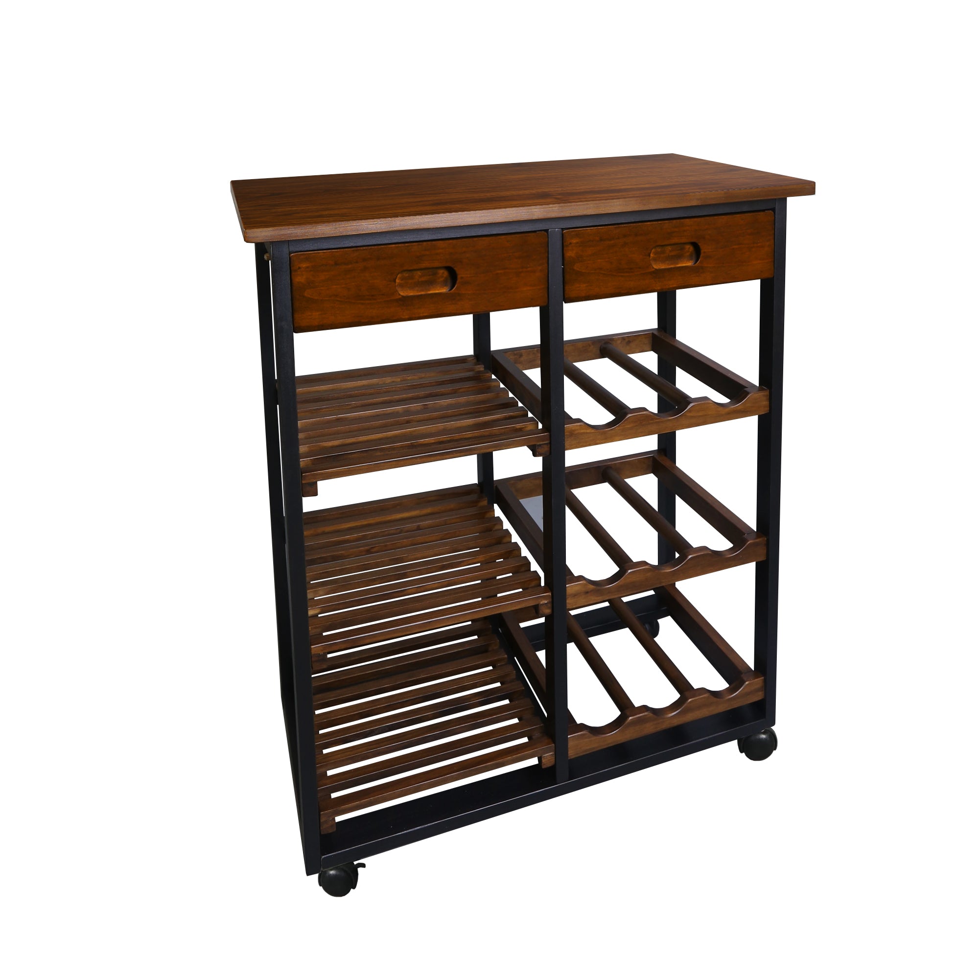 Casual Home Solid Wood 28" Wide L 4-Tier Rolling Kitchen Island Trolley With Wine Rack And Drawer, Mocha/Black