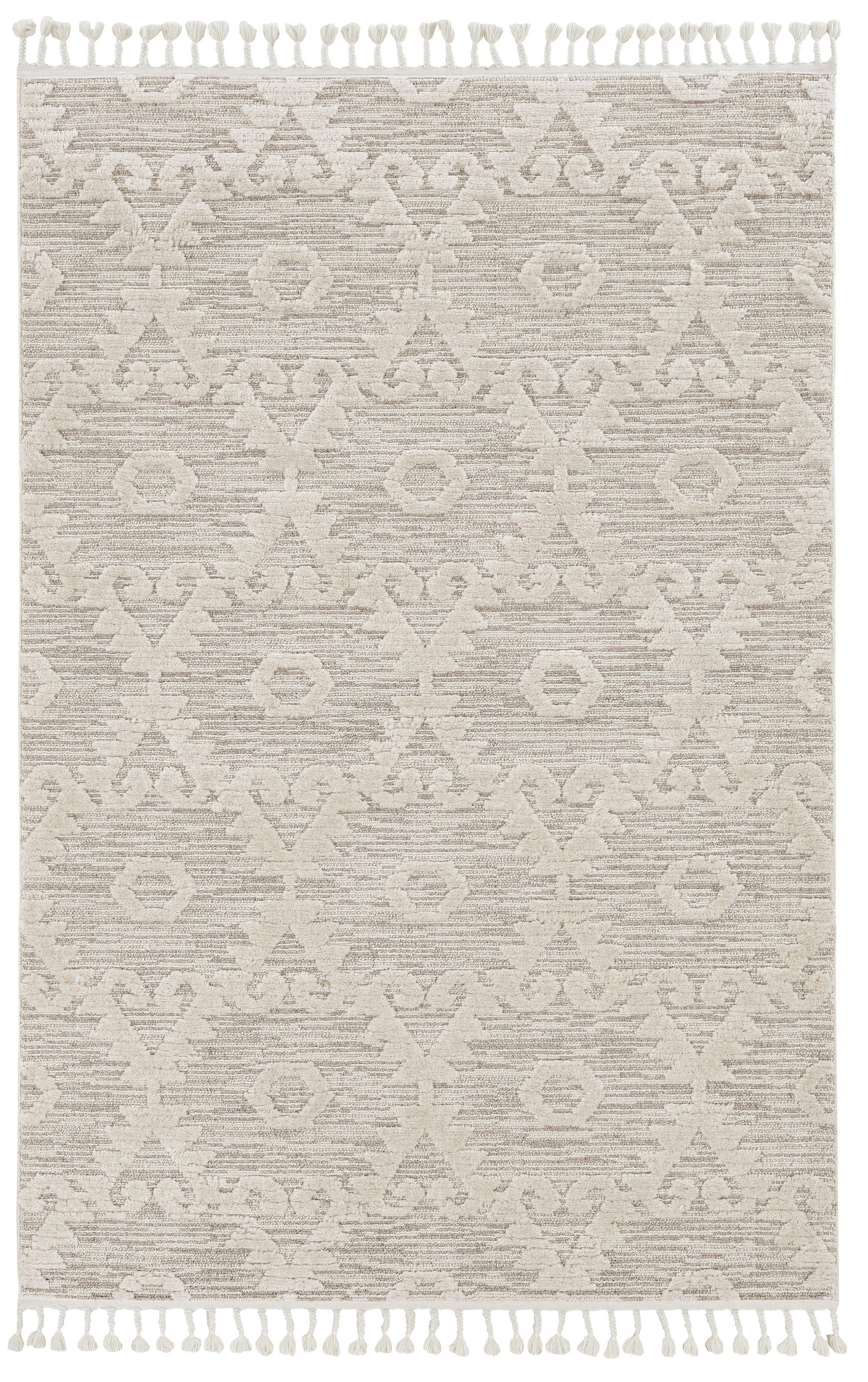 12X15 Ivory Beige Machine Woven Geometric With Fringe Indoor Area Rug