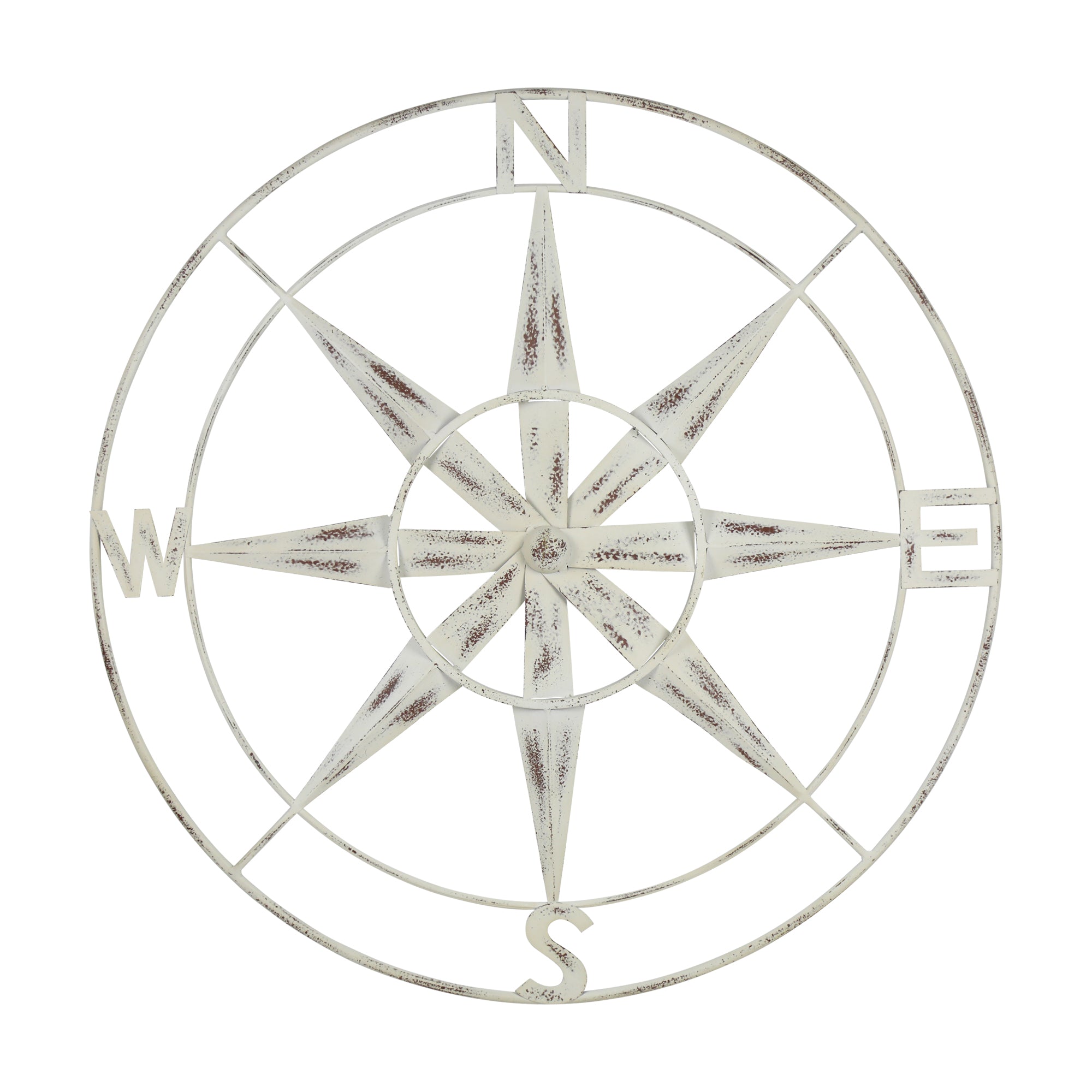 HomeRoots 100% Metal Nautical Compass Metal Wall Decor with Distressed White Finish