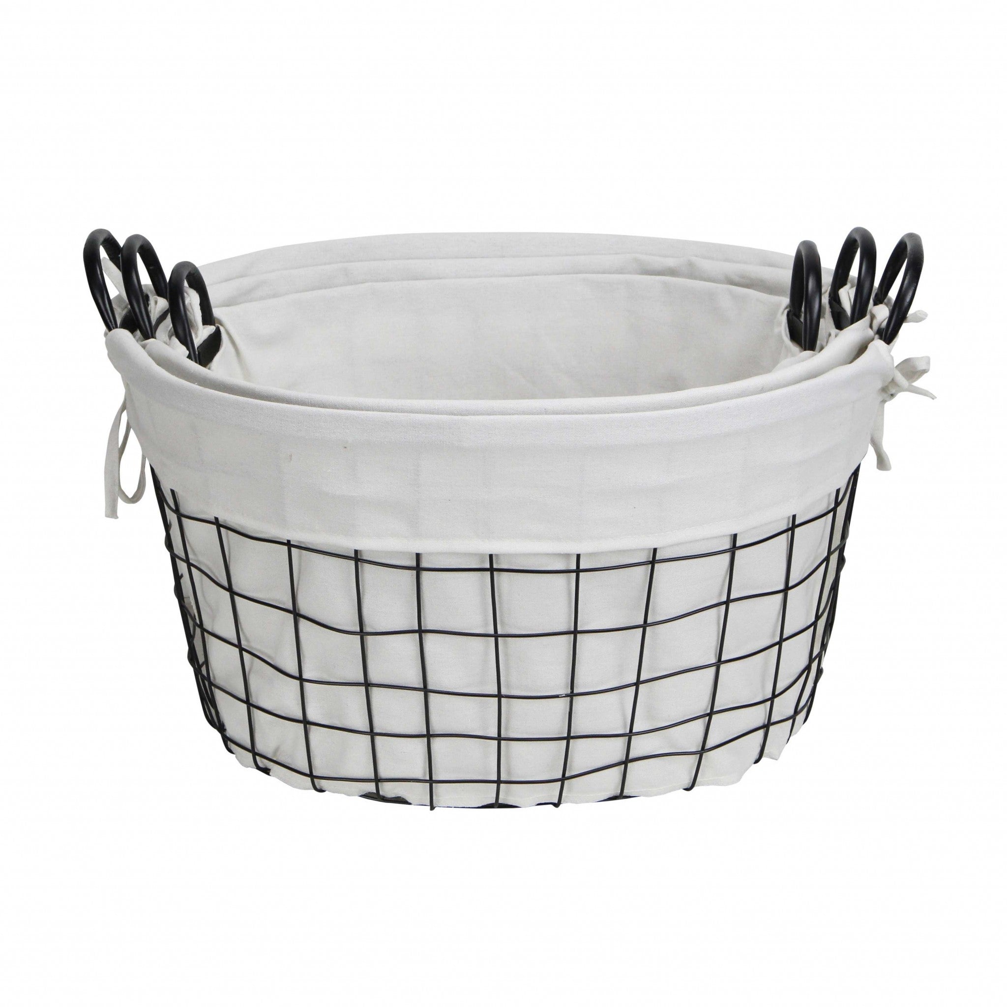 Homeroots Set Of 3 Oval White Lined And Metal Wire Baskets With Handles