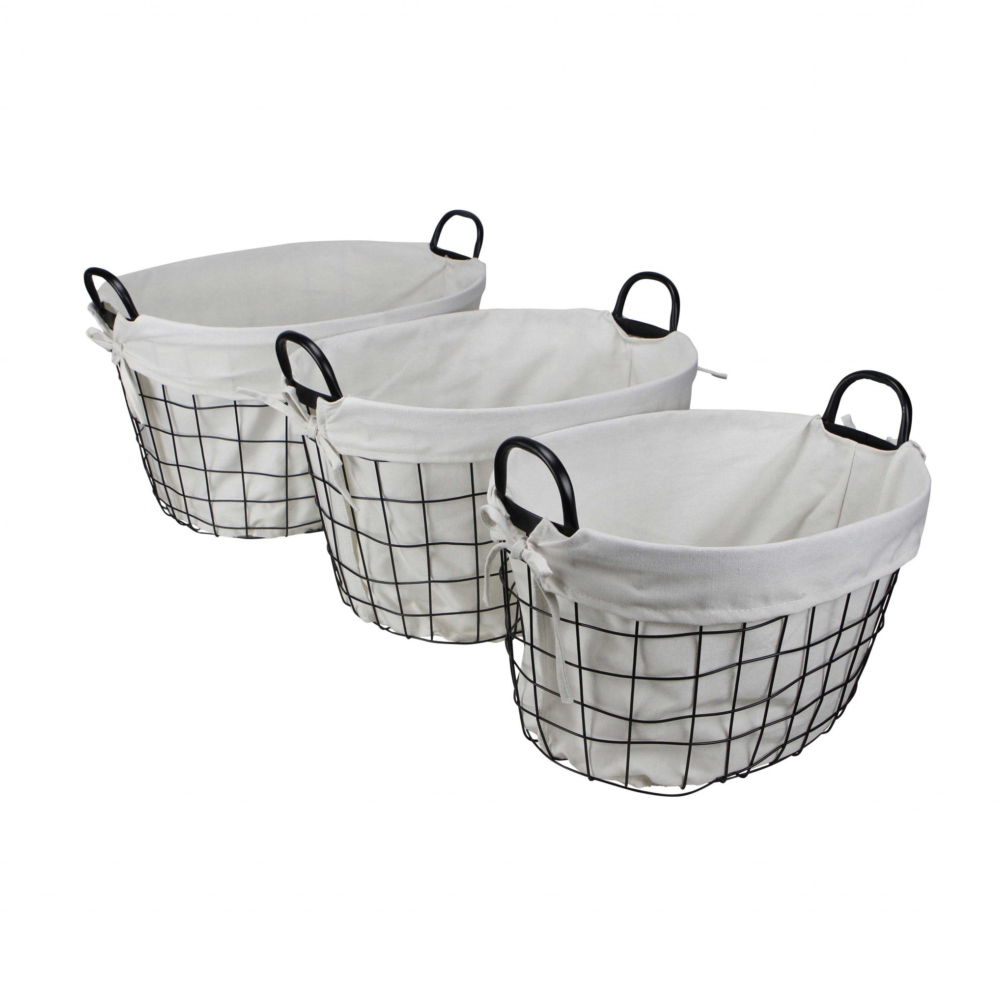 Homeroots Set Of 3 Oval White Lined And Metal Wire Baskets With Handles