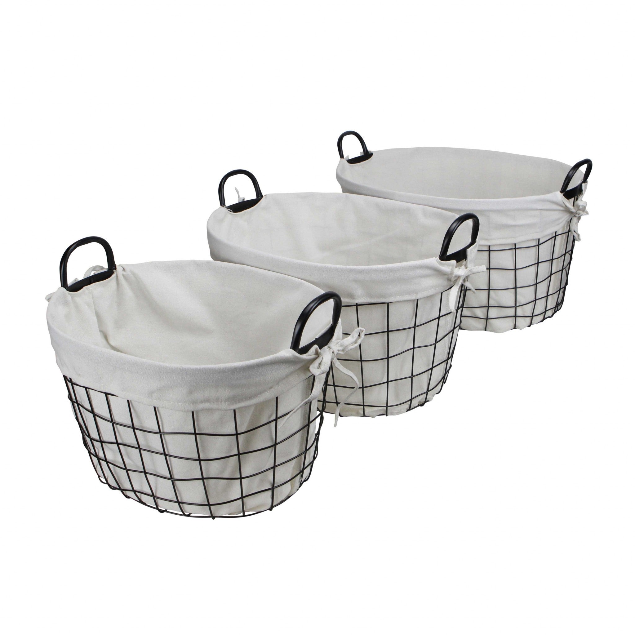 Homeroots Set Of 3 Oval White Lined And Metal Wire Baskets With Handles