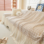 Grid Textured Sofa Cover with Sheer Ruffle Skirt, Pet-Friendly Sofa Throw Slipcover