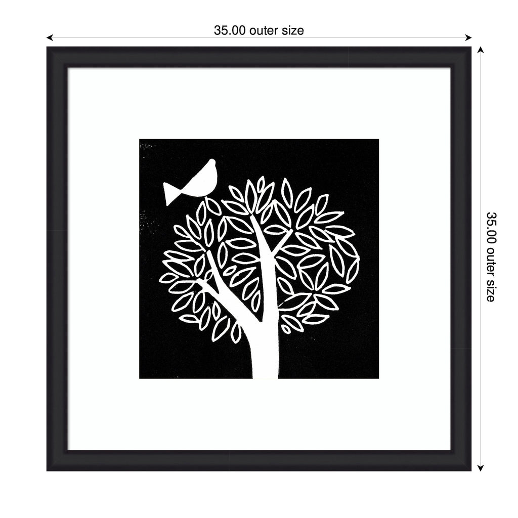Framed Art Black and White Bird Tree Linocut by Giuliana Lazzerini