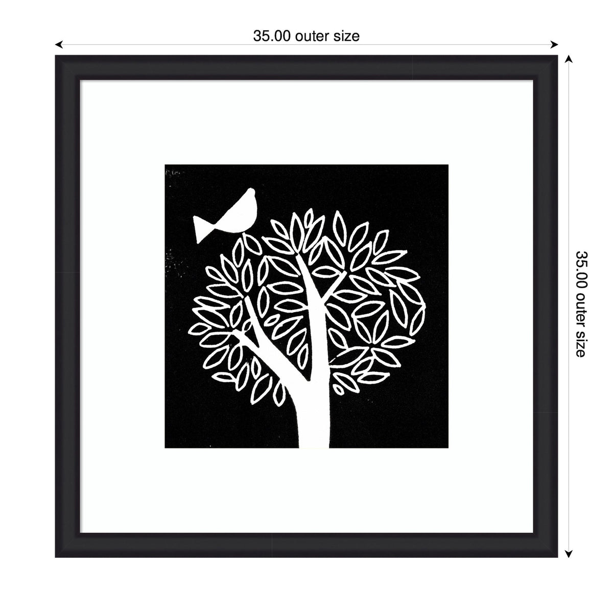 Framed Art Black and White Bird Tree Linocut by Giuliana Lazzerini