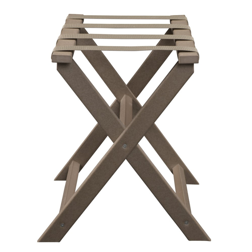 HomeRoots Earth Friendly Taupe Folding Luggage Rack with Dark Tan Straps