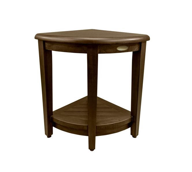 Curvilinear Dark Brown Teak 18'' Corner Shower Bench With Shelf