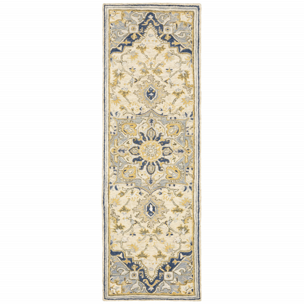HomeRoots Wool 3'x8' Blue and Ivory Bohemian Runner Rug