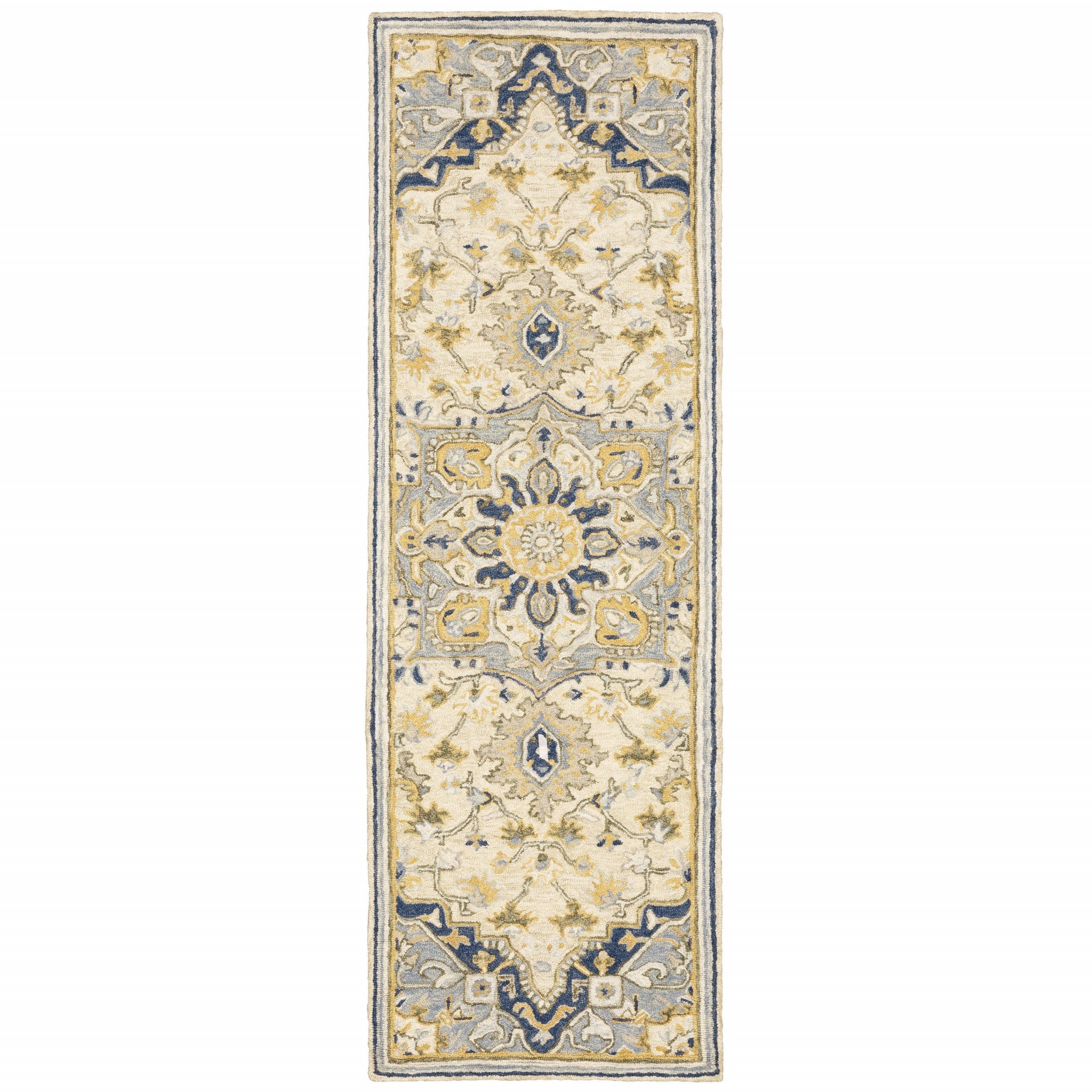 HomeRoots Wool 3'x8' Blue and Ivory Bohemian Runner Rug