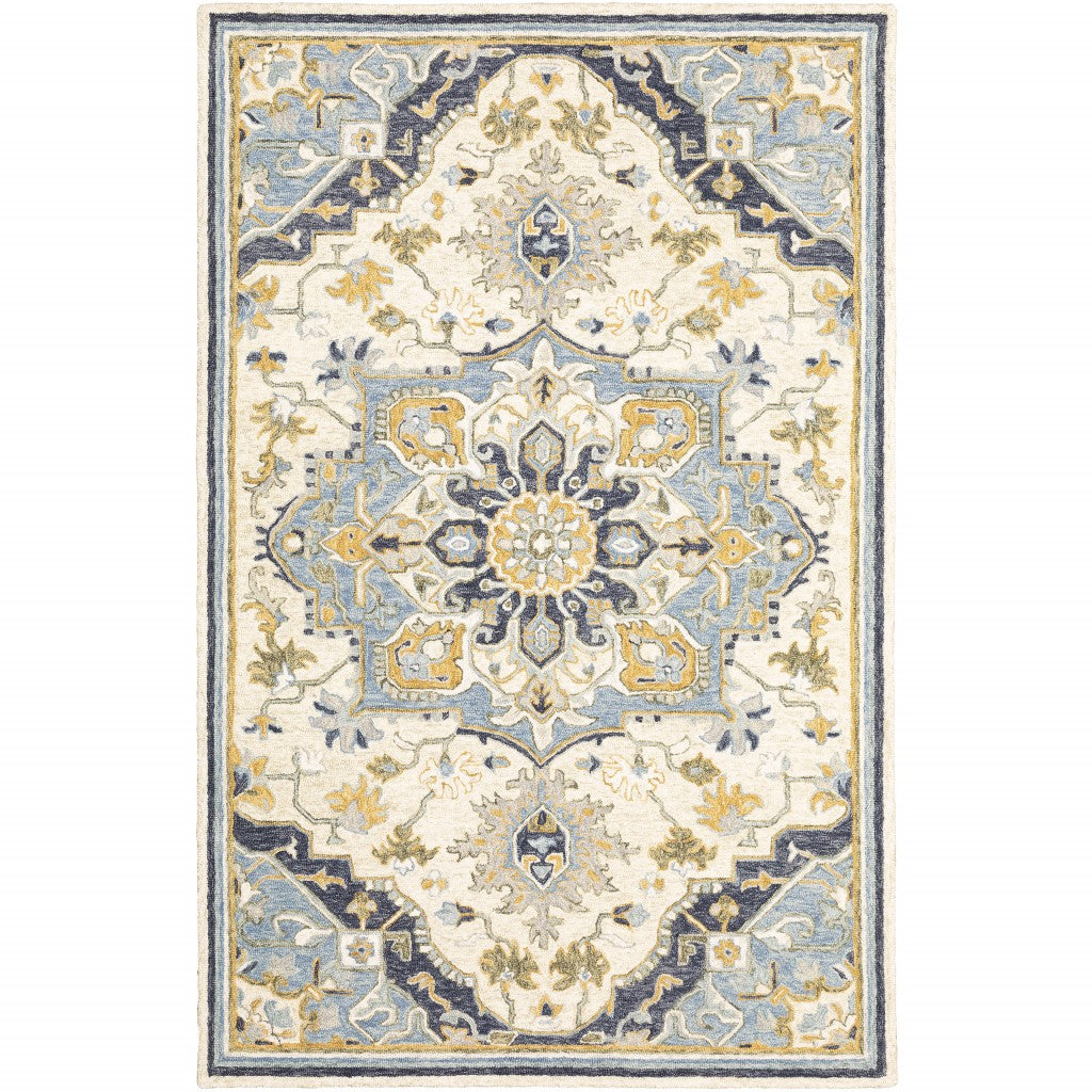 HomeRoots Wool 4'x6' Blue and Ivory Bohemian Rug