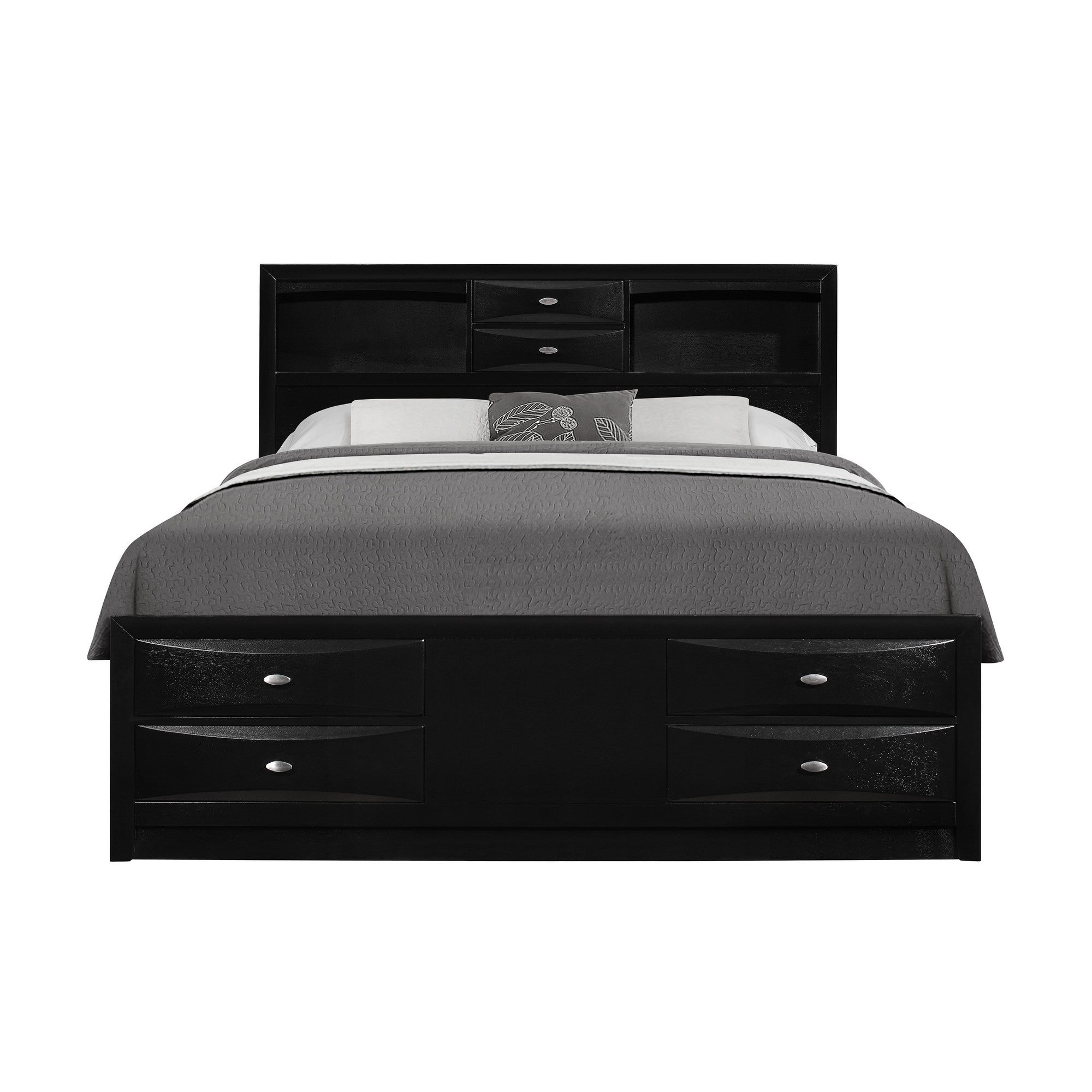 Black Veneer Queen Bed With Bookcase Headboard  10 Drawers