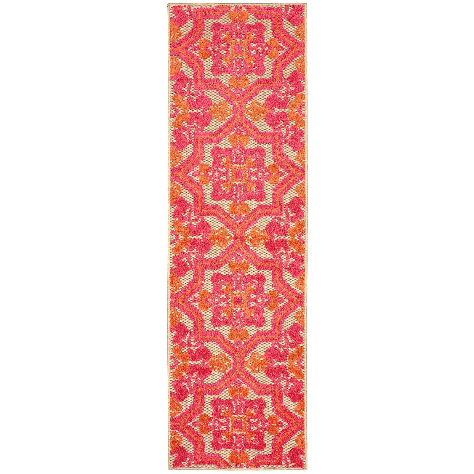 8 Pink And Orange Medallion Indoor Outdoor Runner Rug